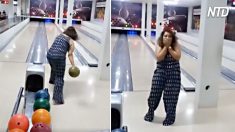 ボーリング場　フルパワーの失投が天井のモニターを直撃